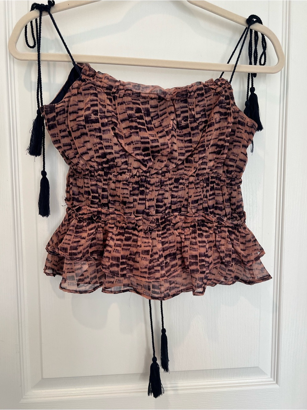 SAGE the label Canyon Echoes Peplum Blouse XS Animal Print Smocked Tassel NWT - Picture 6 of 7